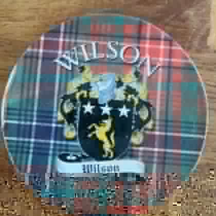 The Wilson crest on the family tartan: a gold wolf rampant beneath three stars on a black shield, with a helm and wolf crest above and the name Wilson on a scroll.
